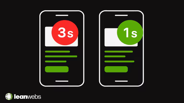 Two smartphones on a black background; the left screen shows a red badge with “3 s” while the right screen shows a green badge with “1 s,” illustrating slow versus fast mobile load times.