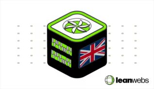 Illustration of a black server cube with green cooling fan on top and a UK flag on the side, representing eco-friendly web hosting in the UK.
