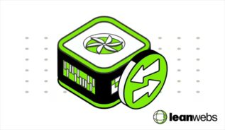 3D-style illustration of a green and black server with a fan symbol on top and a circular arrow icon, representing switching to a green web host, with the LeanWebs logo in the corner.