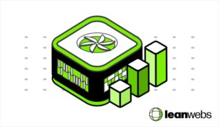 Isometric illustration of a green-themed server with a fan icon on top, surrounded by rising bar charts, representing green hosting performance and growth, with the LeanWebs logo in the corner.
