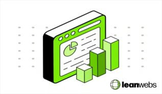 Green and white illustration of a website analytics dashboard with bar and pie charts, symbolising sustainable web performance and business growth.
